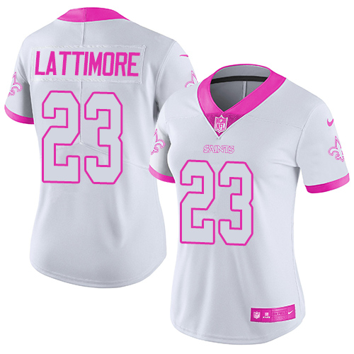 Nike Saints #23 Marshon Lattimore White/Pink Women's Stitched NFL Limited Rush Fashion Jersey